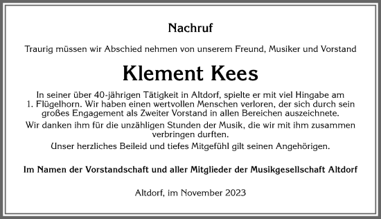 Traueranzeige von Klement Kees von Allgäuer Zeitung, Marktoberdorf