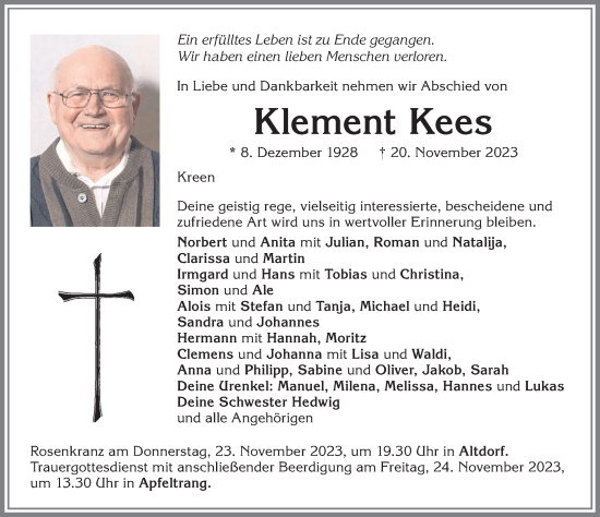 Traueranzeige von Klement Kees von Allgäuer Zeitung, Marktoberdorf