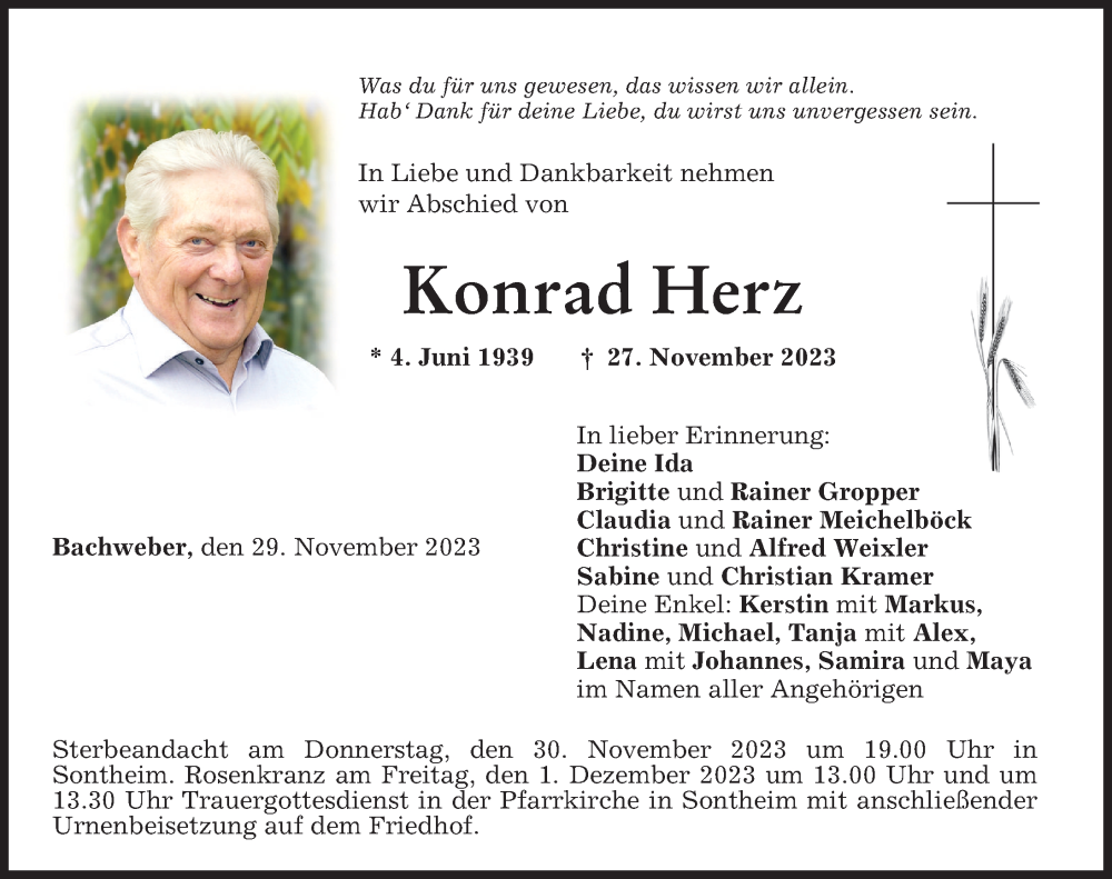  Traueranzeige für Konrad Herz vom 29.11.2023 aus Memminger Zeitung