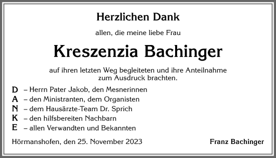 Traueranzeige von Kreszenzia Bachinger von Allgäuer Zeitung, Marktoberdorf