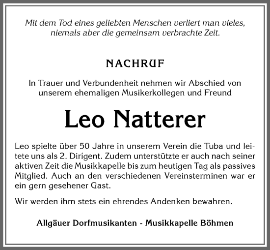 Traueranzeige von Leo Natterer von Memminger Zeitung