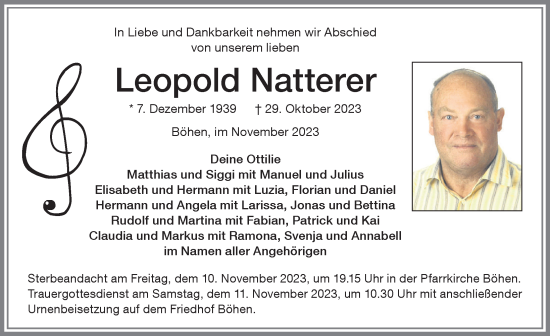 Traueranzeige von Leopold Natterer von Memminger Zeitung