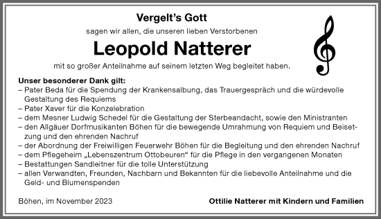 Traueranzeige von Leopold Natterer von Memminger Zeitung
