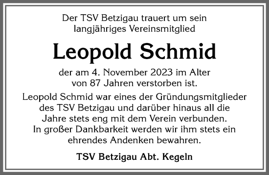 Traueranzeige von Leopold Schmid von Allgäuer Zeitung,Kempten