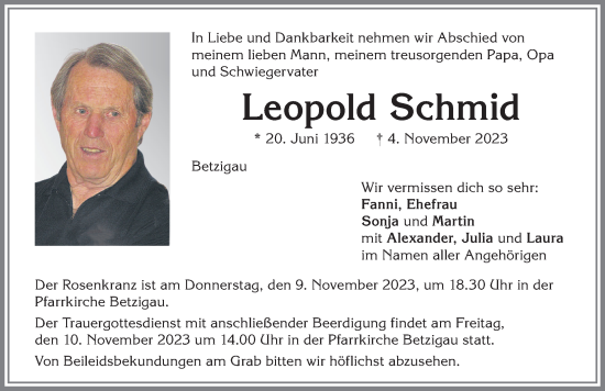 Traueranzeige von Leopold Schmid von Allgäuer Zeitung,Kempten