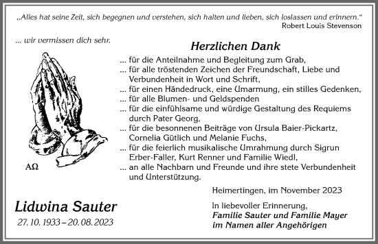 Traueranzeige von Lidwina Sauter von Memminger Zeitung