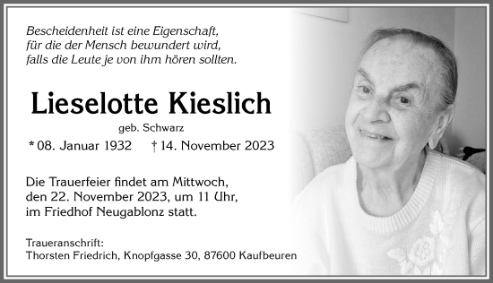 Traueranzeige von Lieselotte Kieslich von Allgäuer Zeitung, Kaufbeuren/Buchloe