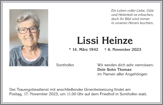 Traueranzeige von Lissi Heinze von Allgäuer Anzeigeblatt