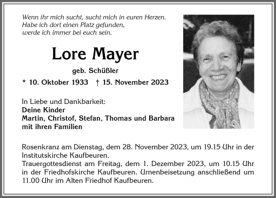 Traueranzeige von Lore Mayer von Allgäuer Zeitung, Kaufbeuren/Buchloe