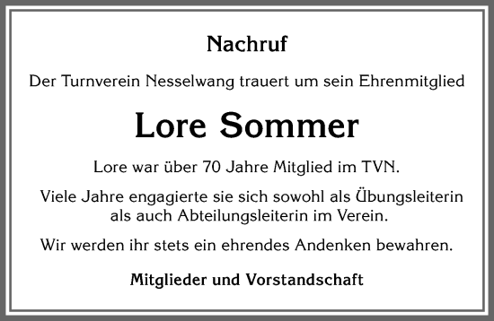 Traueranzeige von Lore Sommer von Allgäuer Zeitung, Füssen