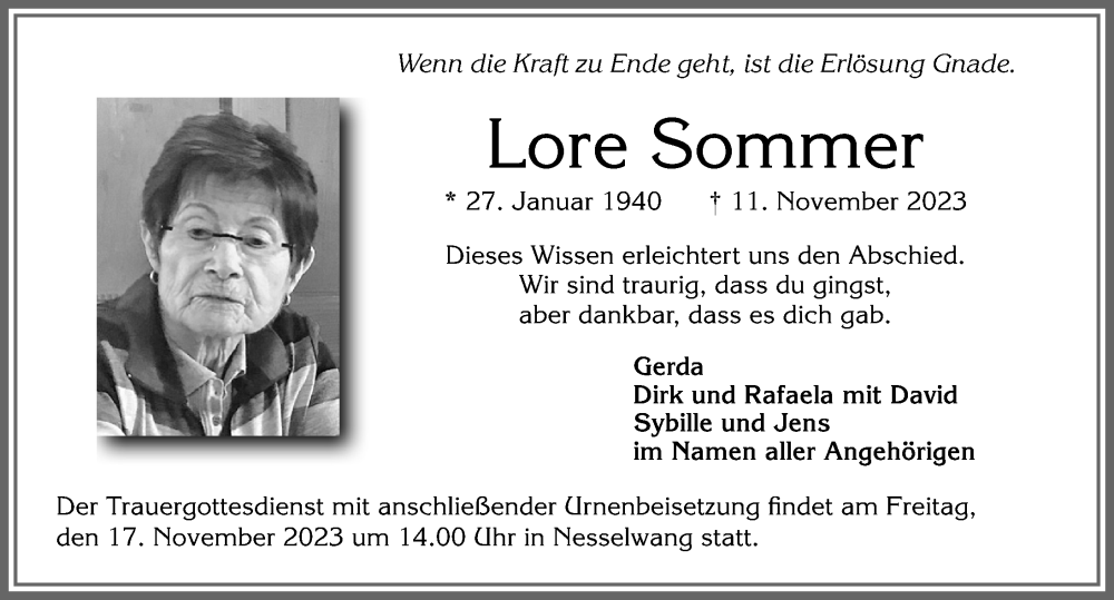  Traueranzeige für Lore Sommer vom 15.11.2023 aus Allgäuer Zeitung, Füssen