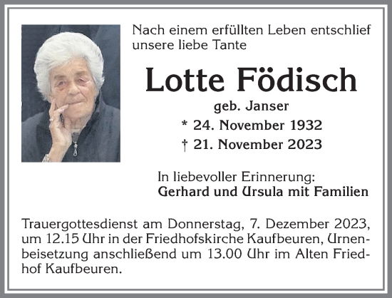 Traueranzeige von Lotte Födisch von Allgäuer Zeitung, Kaufbeuren/Buchloe