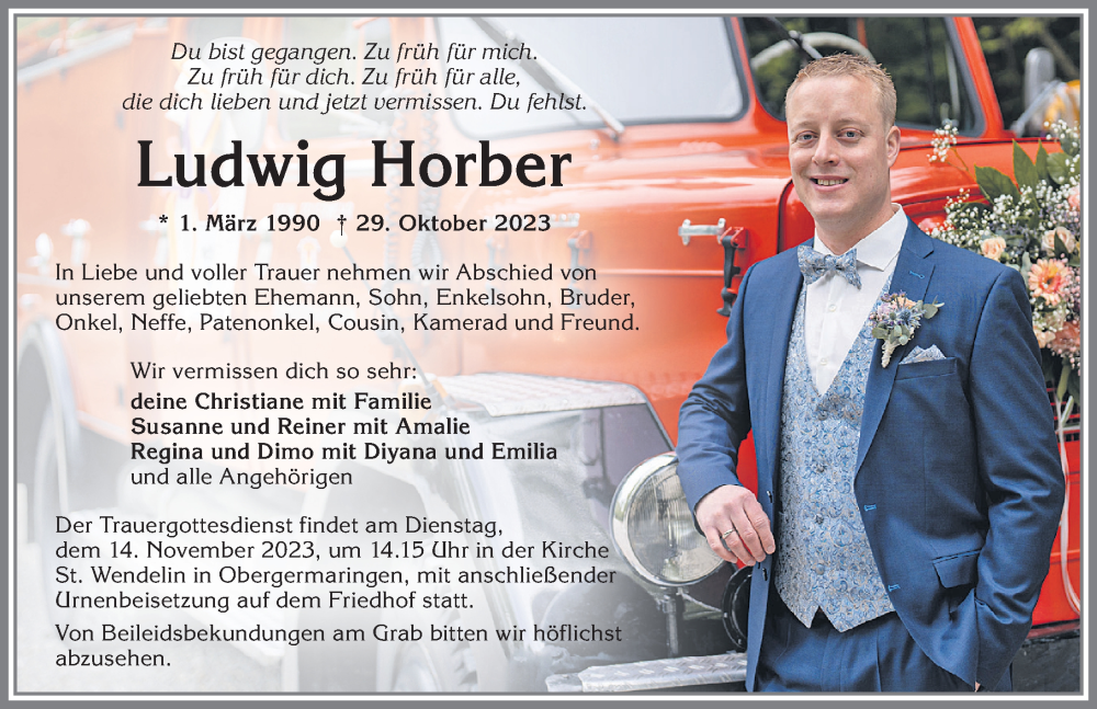  Traueranzeige für Ludwig Horber vom 04.11.2023 aus Allgäuer Zeitung, Kaufbeuren/Buchloe
