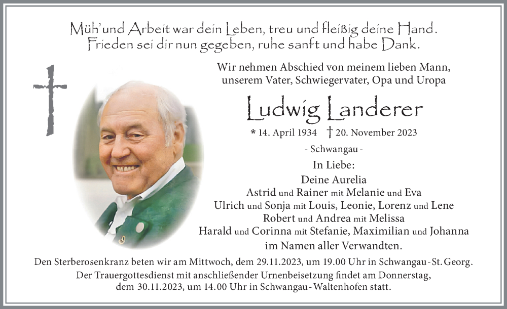  Traueranzeige für Ludwig Landerer vom 25.11.2023 aus Allgäuer Zeitung, Füssen