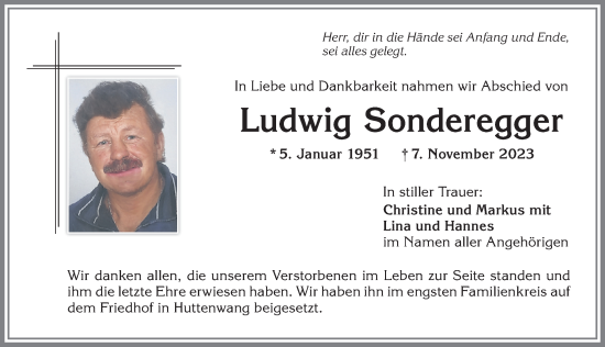 Traueranzeige von Ludwig Sonderegger von Allgäuer Zeitung, Marktoberdorf