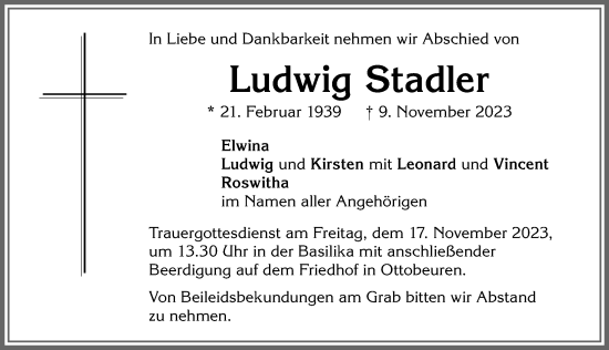 Traueranzeige von Ludwig Stadler von Memminger Zeitung