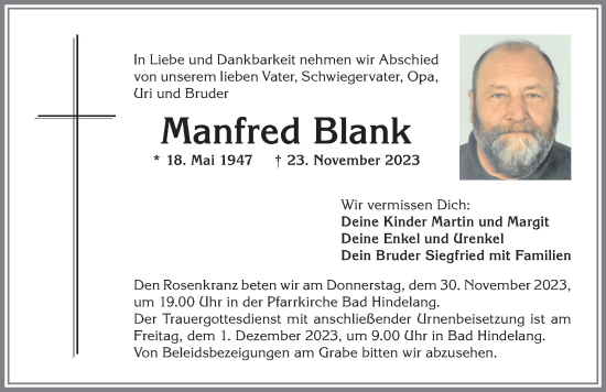 Traueranzeige von Manfred Blank von Allgäuer Anzeigeblatt