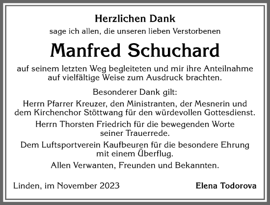 Traueranzeige von Manfred Schuchard von Allgäuer Zeitung, Kaufbeuren/Buchloe
