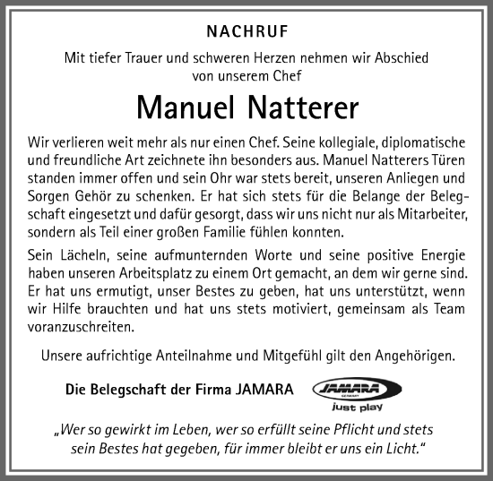 Traueranzeige von Manuel Natterer von Memminger Zeitung