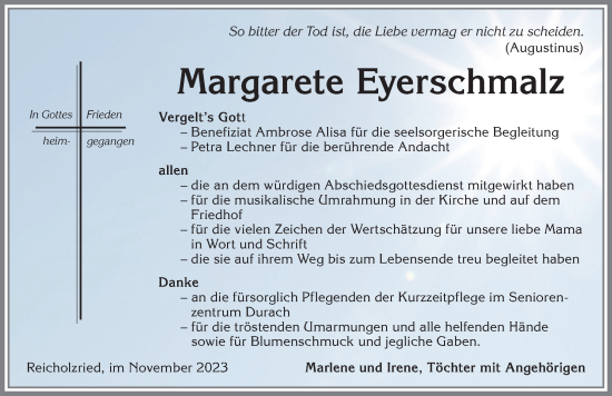 Traueranzeige von Margarete Eyerschmalz von Allgäuer Zeitung,Kempten