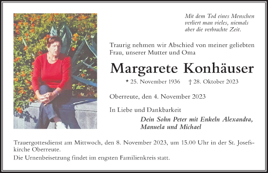 Traueranzeige von Margarete Konhäuser von Der Westallgäuer