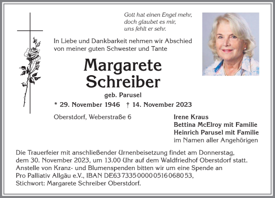 Traueranzeige von Margarete Schreiber von Allgäuer Anzeigeblatt