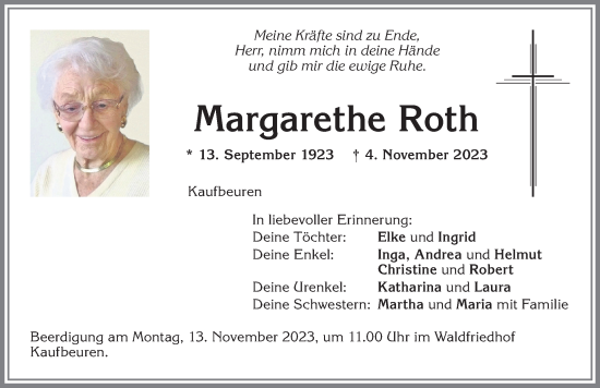 Traueranzeige von Margarethe Roth von Allgäuer Zeitung, Kaufbeuren/Buchloe