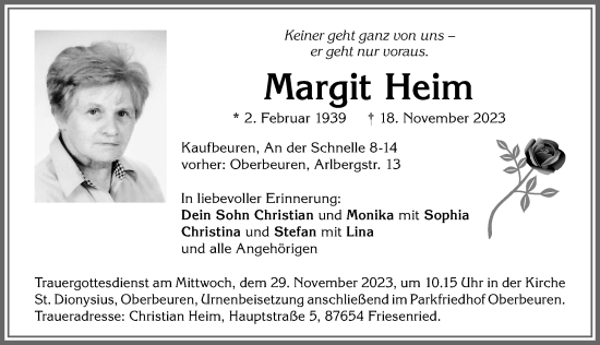 Traueranzeige von Margit Heim von Allgäuer Zeitung, Kaufbeuren/Buchloe