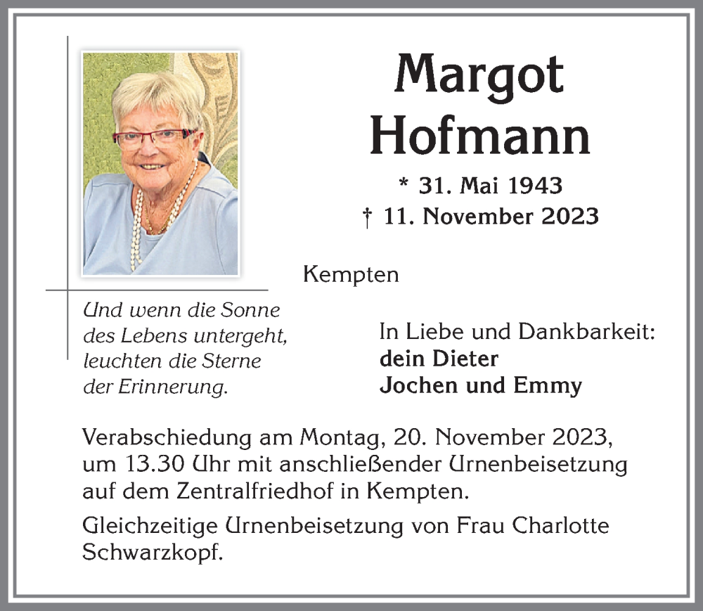  Traueranzeige für Margot Hofmann vom 18.11.2023 aus Allgäuer Zeitung,Kempten