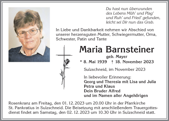Traueranzeige von Maria Barnsteiner von Allgäuer Zeitung, Marktoberdorf