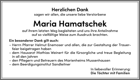 Traueranzeige von Maria Hamatschek von Allgäuer Zeitung, Marktoberdorf