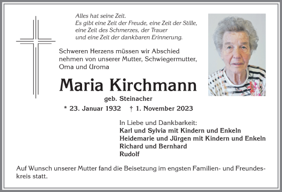 Traueranzeige von Maria Kirchmann von Allgäuer Anzeigeblatt