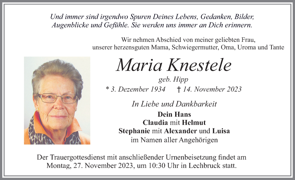  Traueranzeige für Maria Knestele vom 21.11.2023 aus Allgäuer Zeitung, Füssen