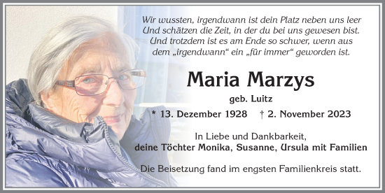 Traueranzeige von Maria Marzys von Allgäuer Zeitung,Kempten