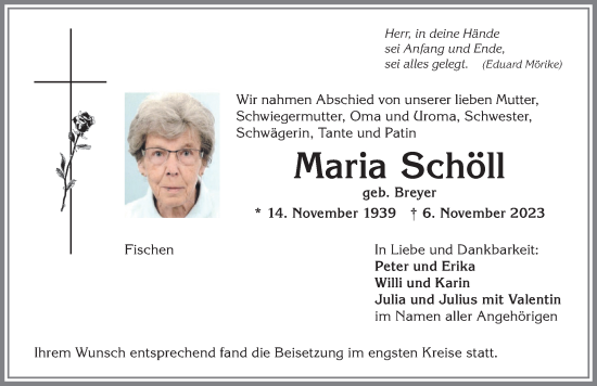Traueranzeige von Maria Schöll von Allgäuer Anzeigeblatt