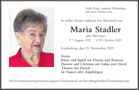 Traueranzeige von Maria Stadler von Der Westallgäuer
