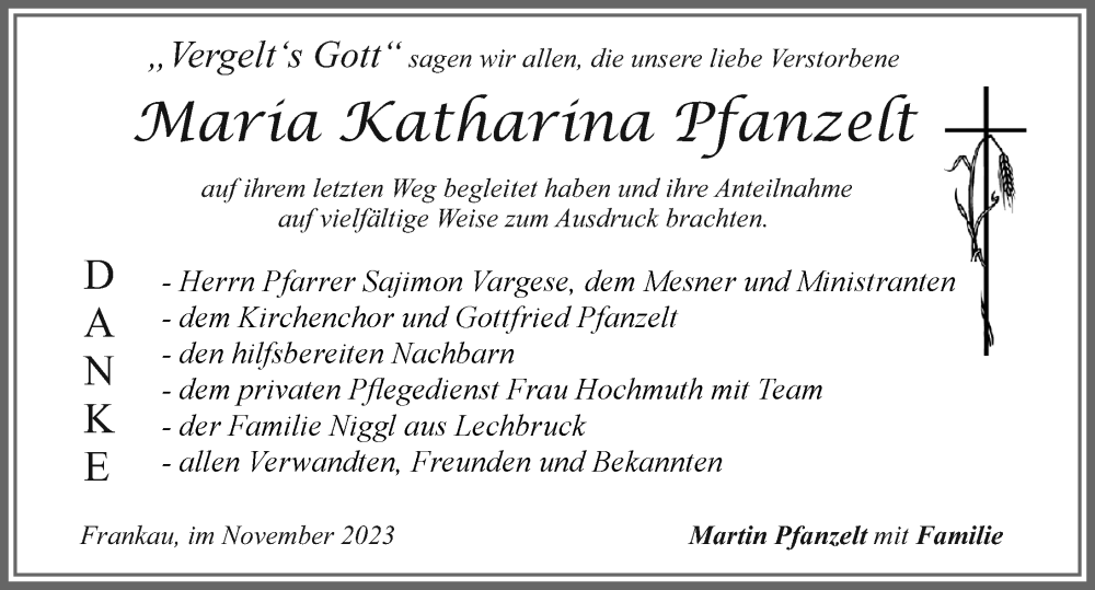  Traueranzeige für Maria Katharina Pfanzelt vom 11.11.2023 aus Allgäuer Zeitung, Marktoberdorf