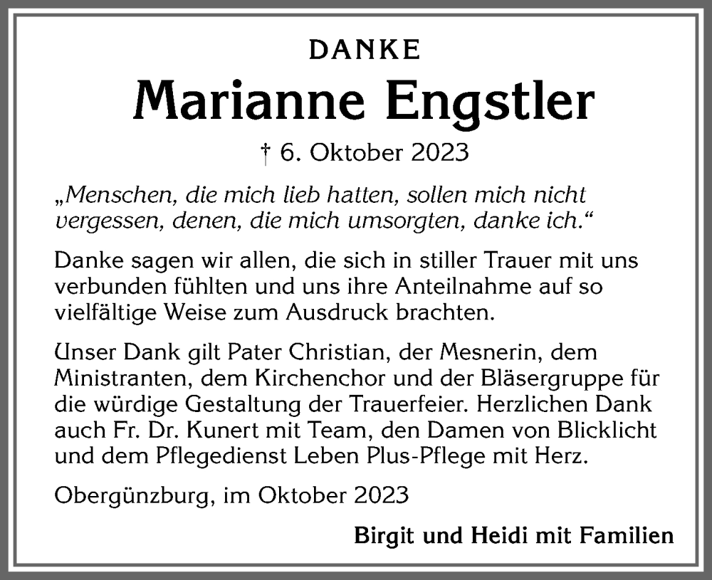  Traueranzeige für Marianne Engstler vom 04.11.2023 aus Allgäuer Zeitung, Marktoberdorf
