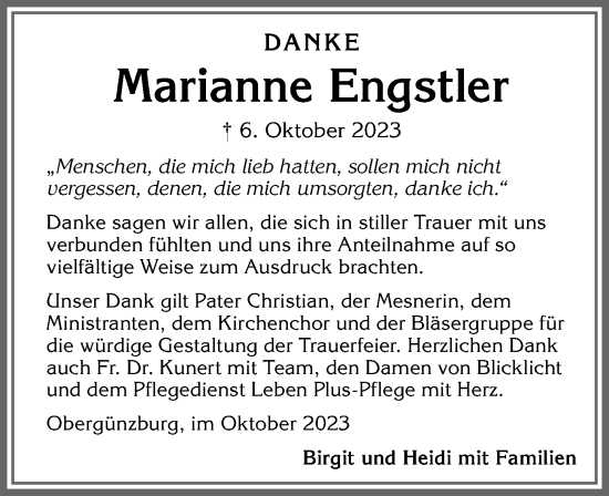 Traueranzeige von Marianne Engstler von Allgäuer Zeitung, Marktoberdorf
