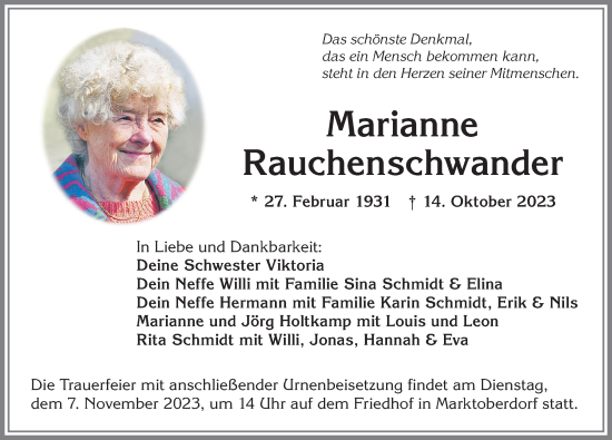 Traueranzeige von Marianne Rauchenschwander von Allgäuer Zeitung, Marktoberdorf
