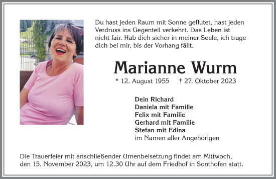 Traueranzeige von Marianne Wurm von Allgäuer Anzeigeblatt