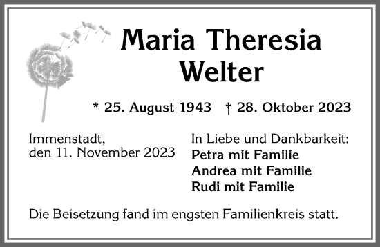 Traueranzeige von Maria Theresia Welter von Allgäuer Anzeigeblatt