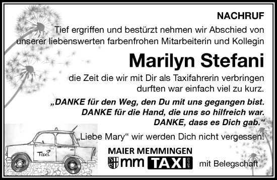 Traueranzeige von Marilyn Stefani von Memminger Zeitung