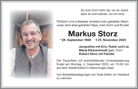 Traueranzeige von Markus Storz von Memminger Zeitung
