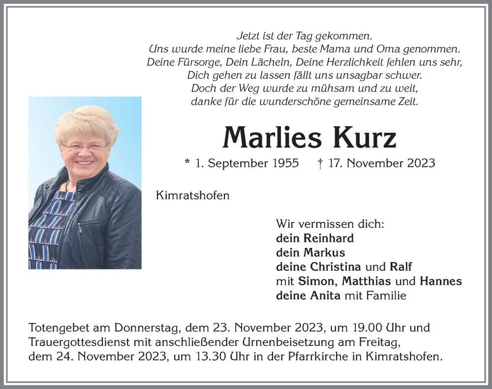  Traueranzeige für Marlies Kurz vom 21.11.2023 aus Allgäuer Zeitung,Kempten