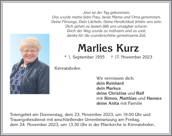 Traueranzeige von Marlies Kurz von Allgäuer Zeitung,Kempten