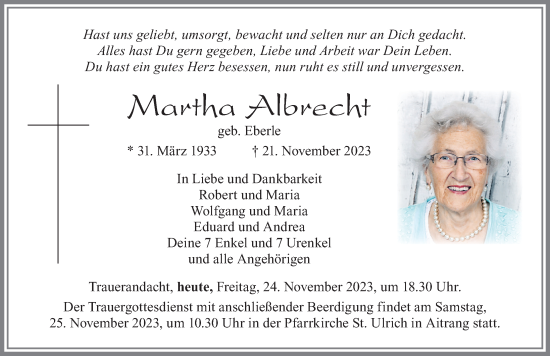Traueranzeige von Martha Albrecht von Allgäuer Zeitung, Marktoberdorf