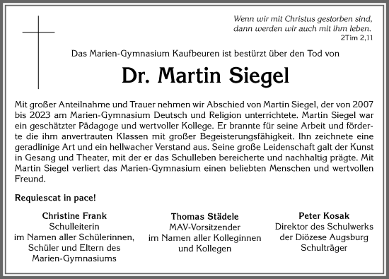 Traueranzeige von Martin Siegel von Allgäuer Zeitung, Kaufbeuren/Buchloe