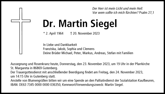 Traueranzeige von Martin Siegel von Augsburger Allgemeine