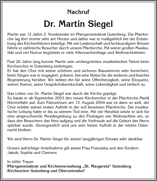 Traueranzeige von Martin Siegel von Allgäuer Zeitung, Kaufbeuren/Buchloe